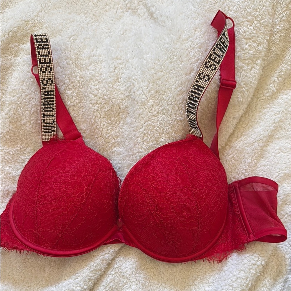 Stylish Red Lace Bra with Embellished Straps